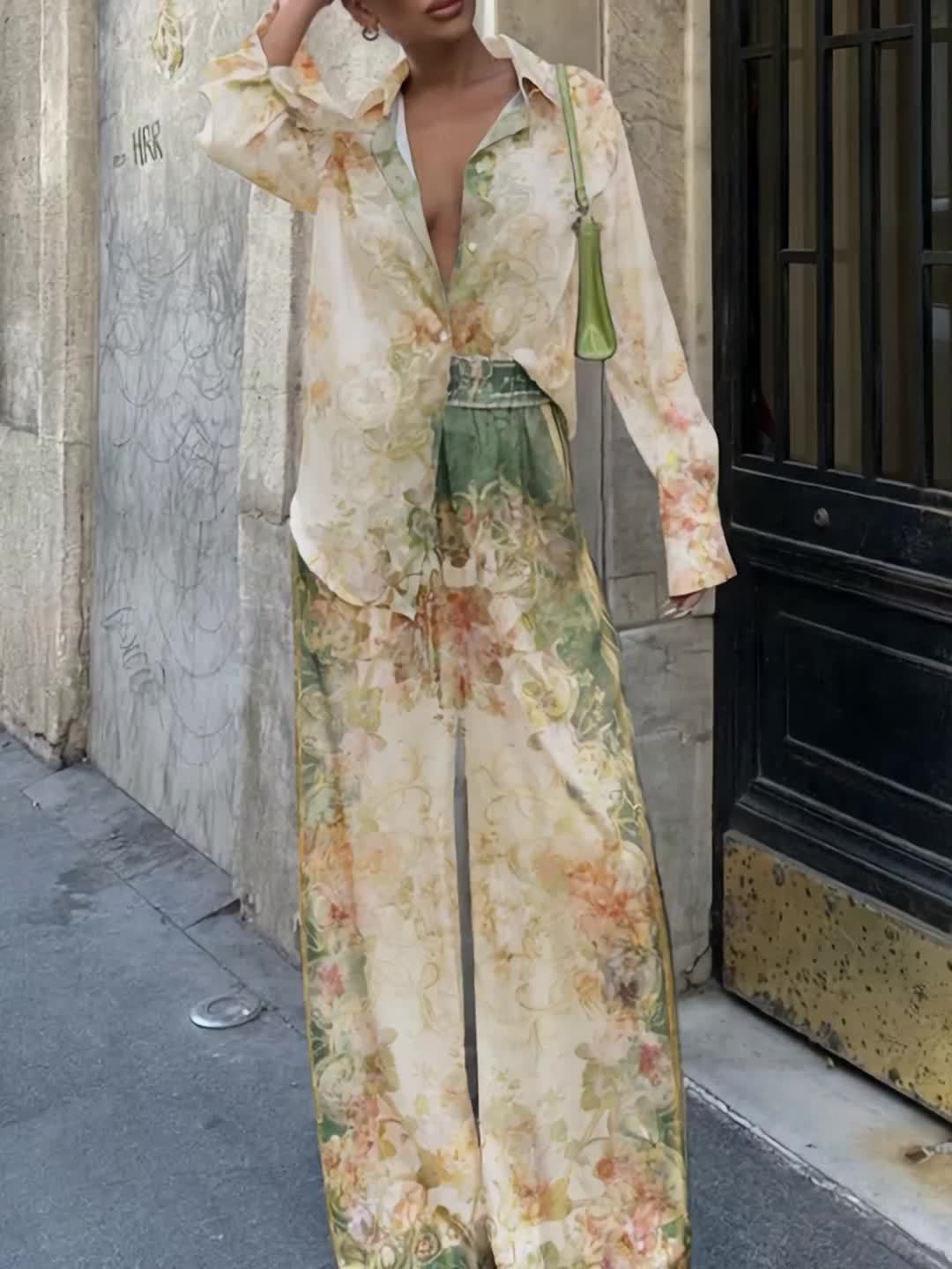 Luna | Chic Print Top & Elastiske Talje Bukser Sæt