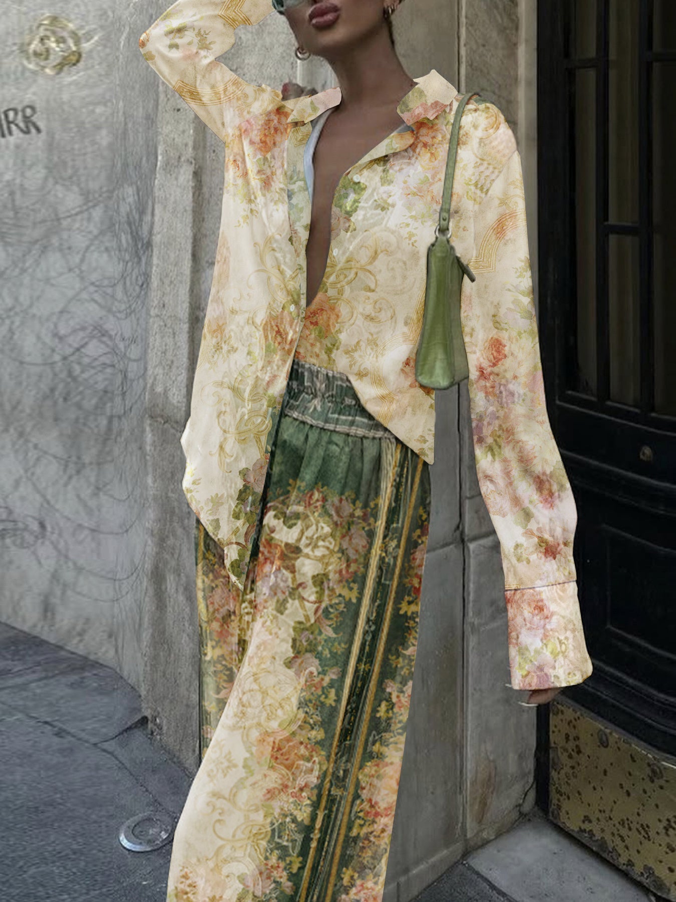 Luna | Chic Print Top & Elastiske Talje Bukser Sæt